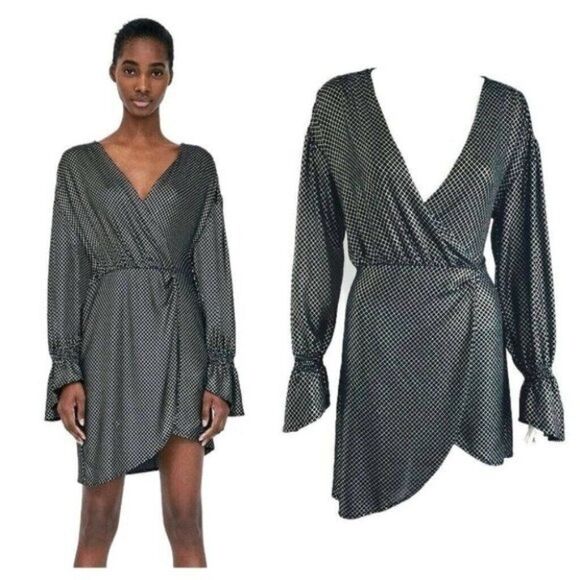 Zara Women’s L WB Collection Metallic Faux‎ Surplice Dress Wrap Gold Mini Plunge - Picture 1 of 8
